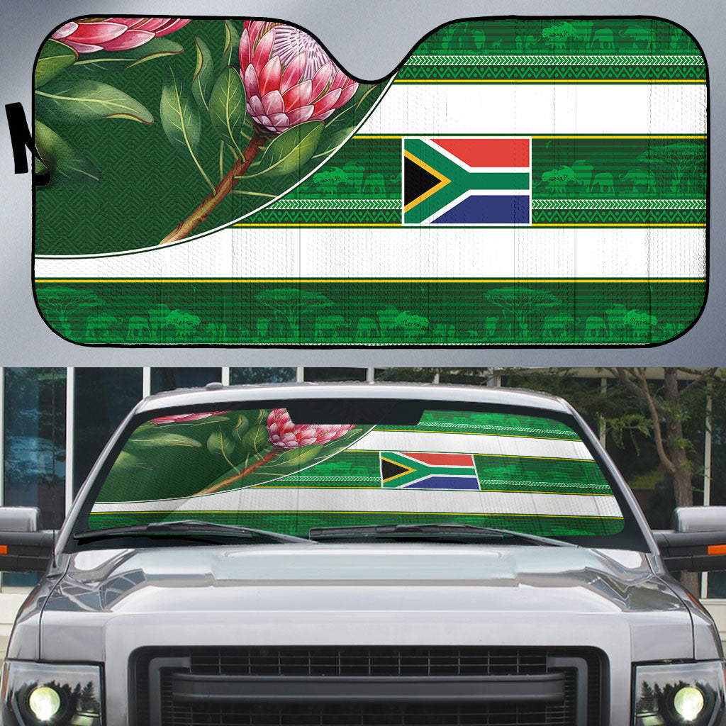 South Africa Football Auto Sun Shade King Protea with African Heritage Stripes Style