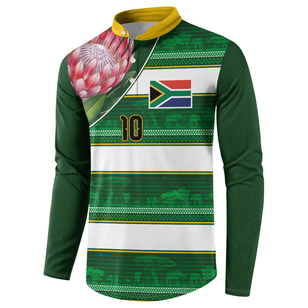 Custom South Africa Football Button Sweatshirt King Protea with African Heritage Stripes Style