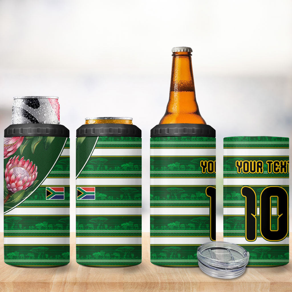 Custom South Africa Football 4 in 1 Can Cooler Tumbler King Protea with African Heritage Stripes Style
