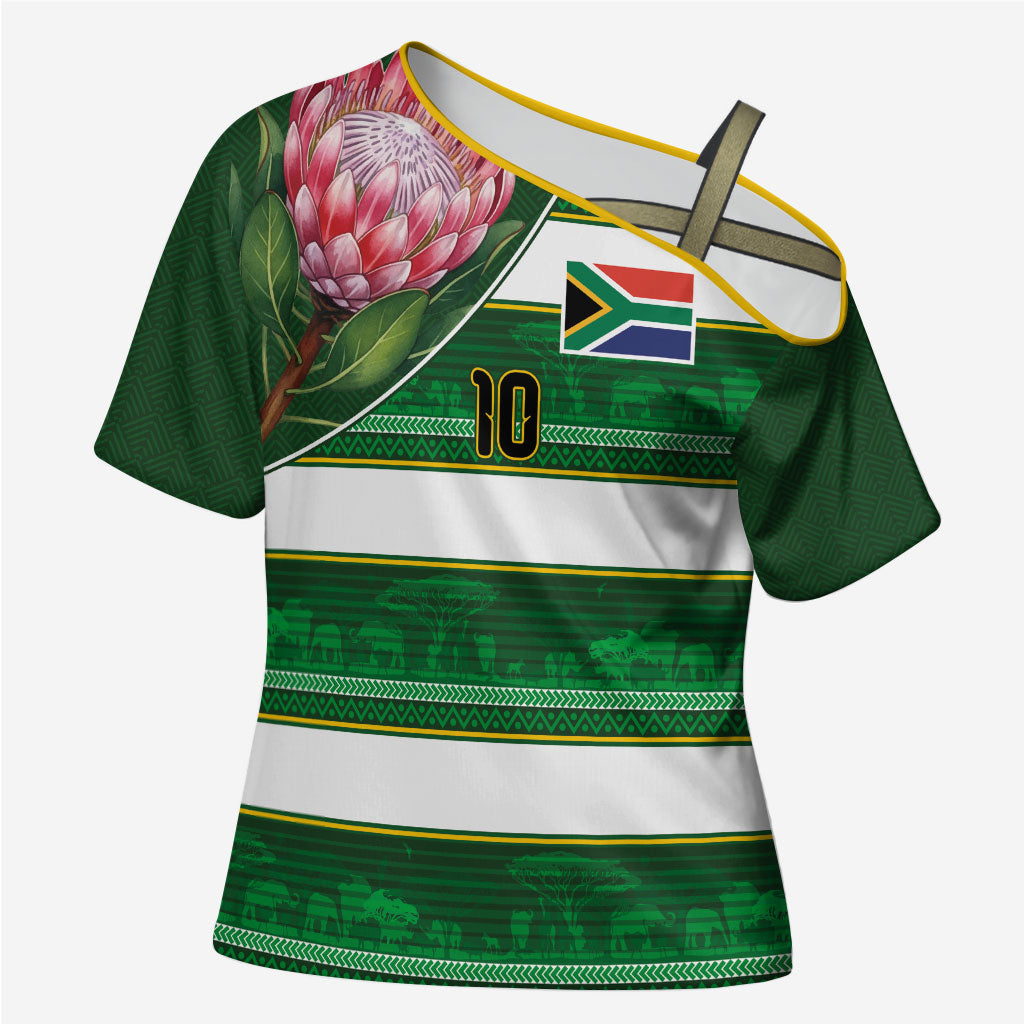 Custom South Africa Football Cross Shoulder Shirt King Protea with African Heritage Stripes Style