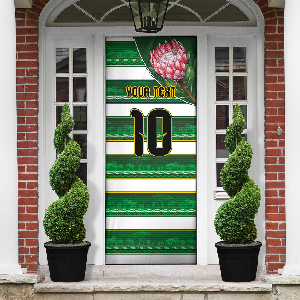 Custom South Africa Football Door Cover King Protea with African Heritage Stripes Style