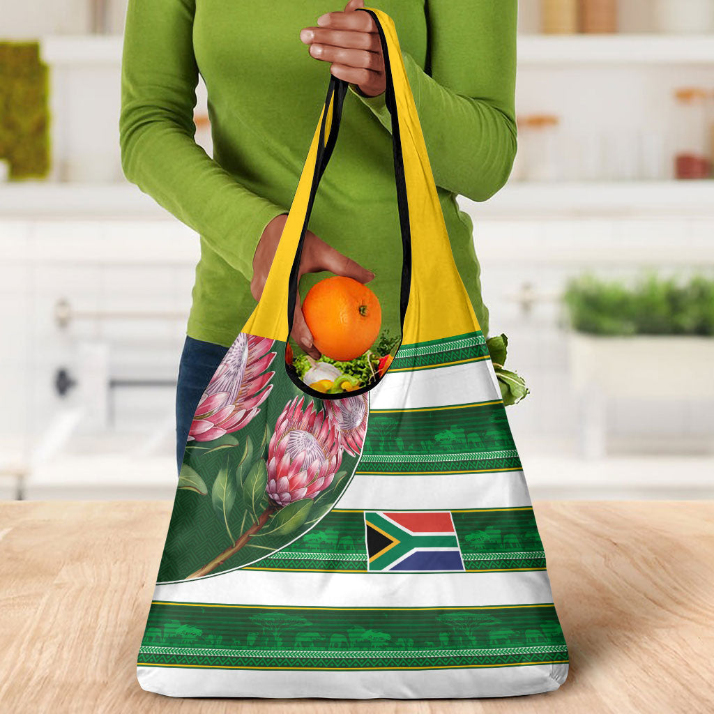 South Africa Football Grocery Bag King Protea with African Heritage Stripes Style