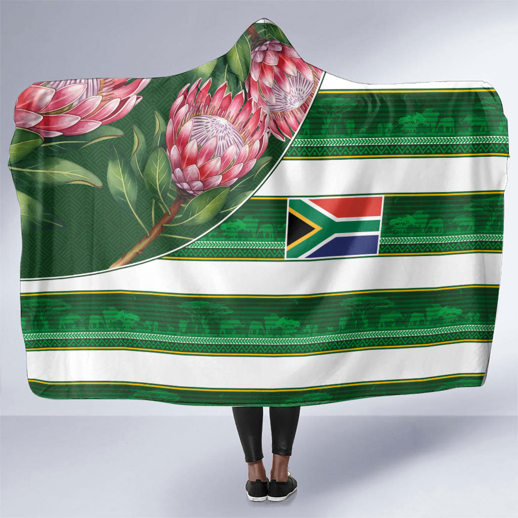 South Africa Football Hooded Blanket King Protea with African Heritage Stripes Style