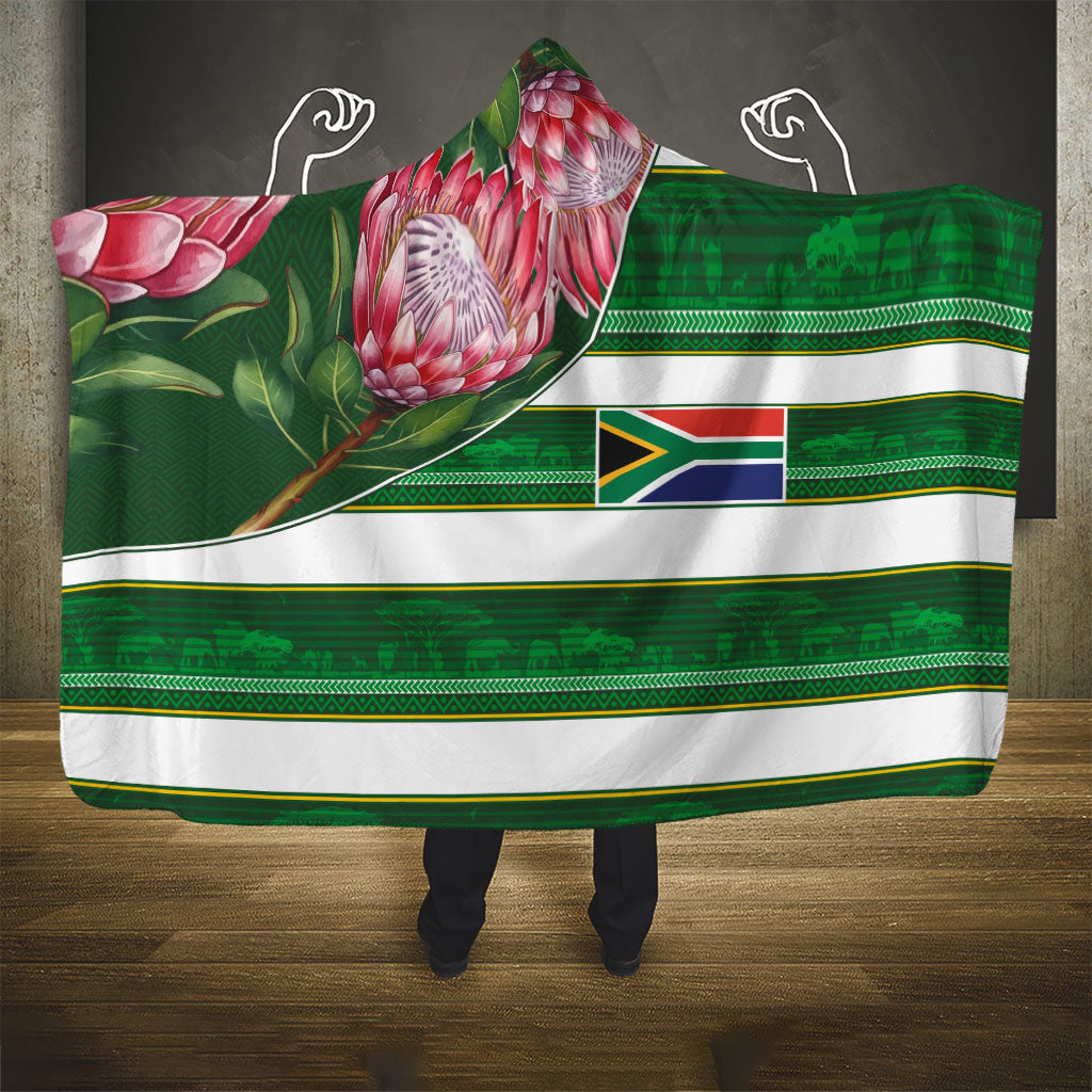 South Africa Football Hooded Blanket King Protea with African Heritage Stripes Style
