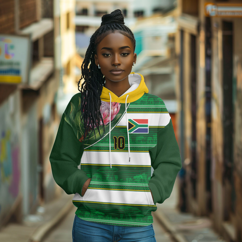 Custom South Africa Football Hoodie King Protea with African Heritage Stripes Style