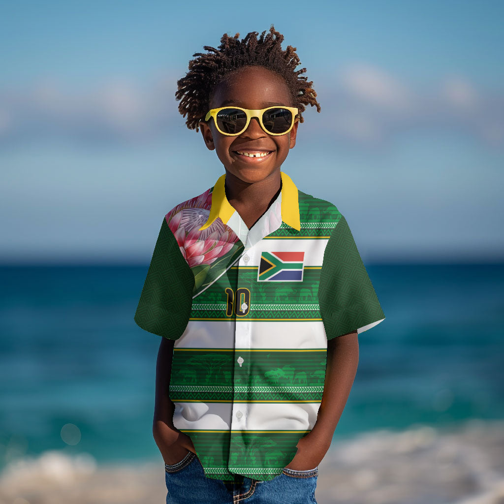 Custom South Africa Football Kid Hawaiian Shirt King Protea with African Heritage Stripes Style