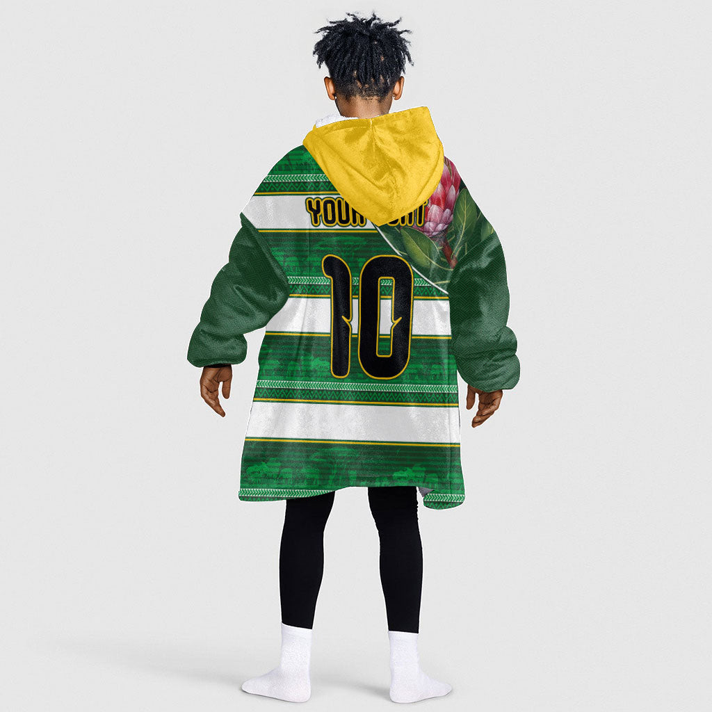 Custom South Africa Football Kid Wearable Blanket Hoodie King Protea with African Heritage Stripes Style