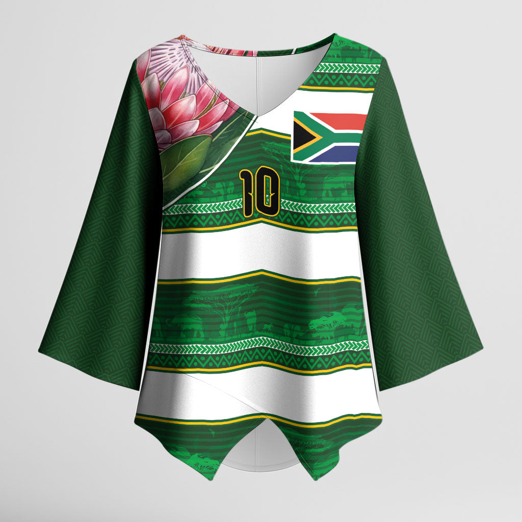 Custom South Africa Football Kimono Sleeve Blouse King Protea with African Heritage Stripes Style