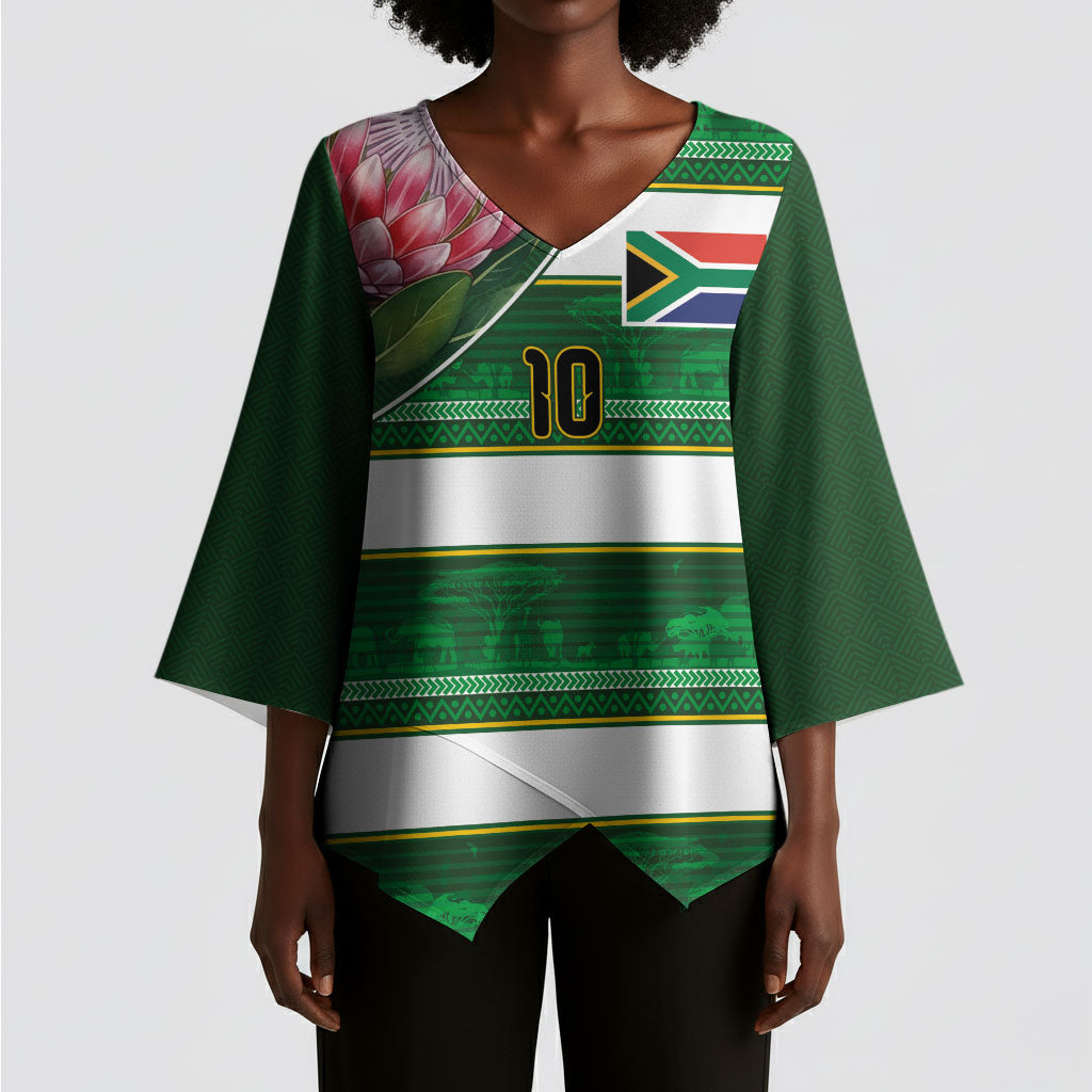 Custom South Africa Football Kimono Sleeve Blouse King Protea with African Heritage Stripes Style