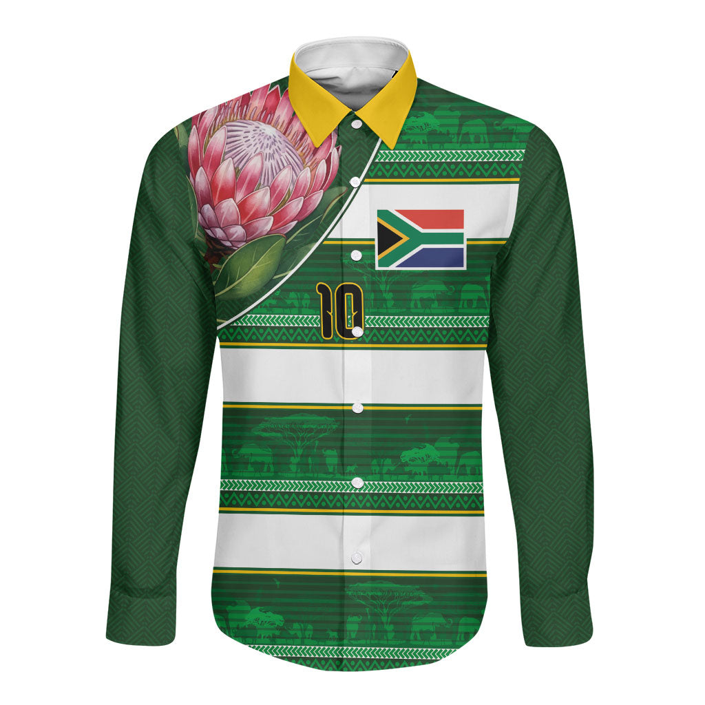 Custom South Africa Football Long Sleeve Button Shirt King Protea with African Heritage Stripes Style