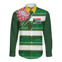 Custom South Africa Football Long Sleeve Button Shirt King Protea with African Heritage Stripes Style