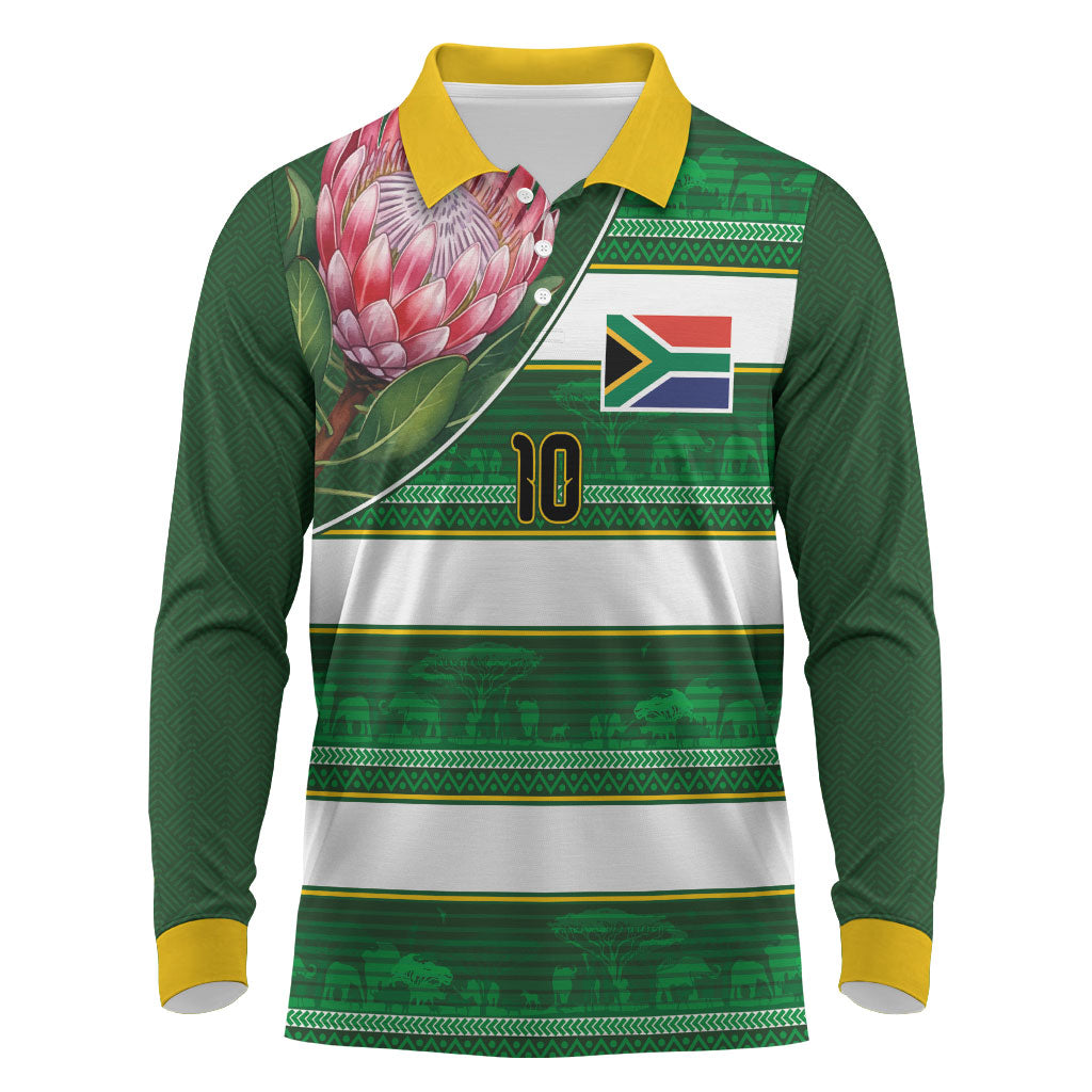 Custom South Africa Football Long Sleeve Polo Shirt King Protea with African Heritage Stripes Style