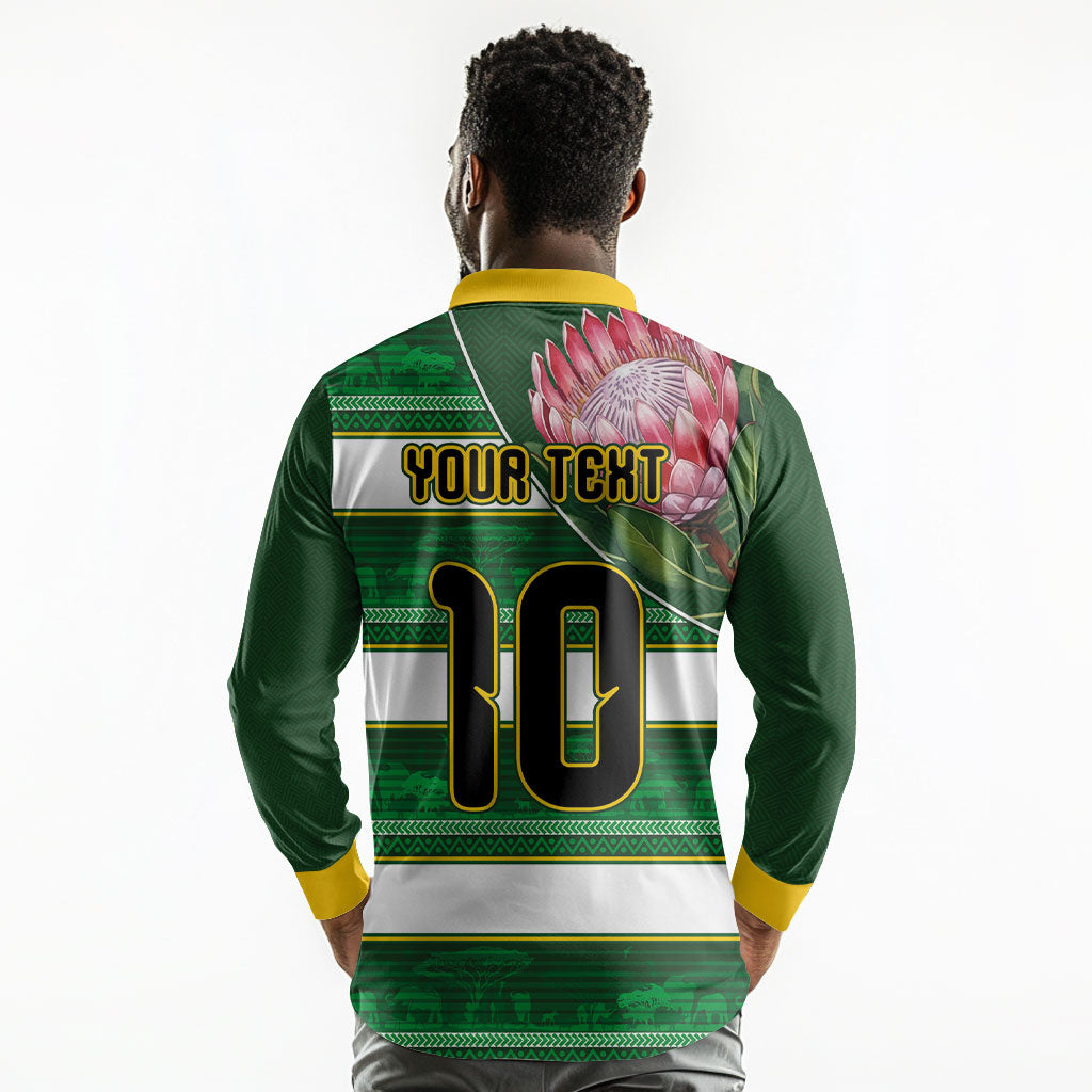 Custom South Africa Football Long Sleeve Polo Shirt King Protea with African Heritage Stripes Style