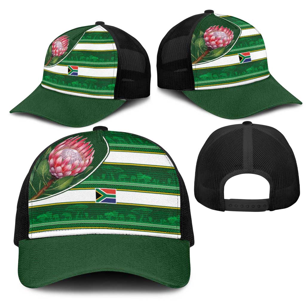 South Africa Football Mesh Trucker Cap King Protea with African Heritage Stripes Style