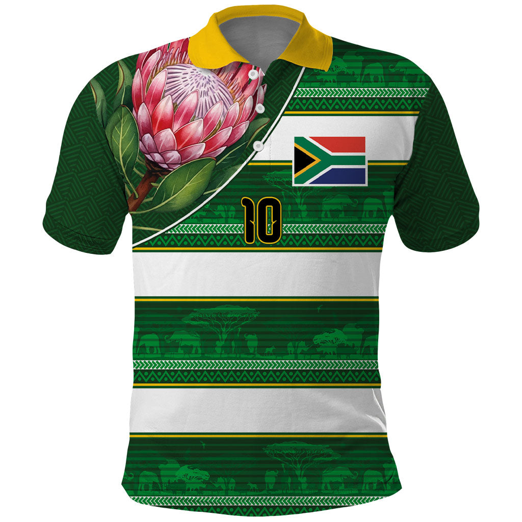 Custom South Africa Football Polo Shirt King Protea with African Heritage Stripes Style