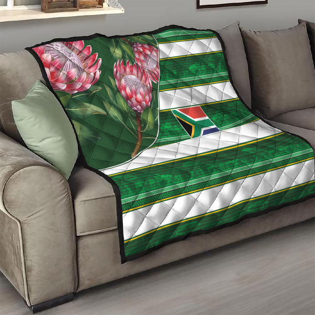 South Africa Football Quilt King Protea with African Heritage Stripes Style