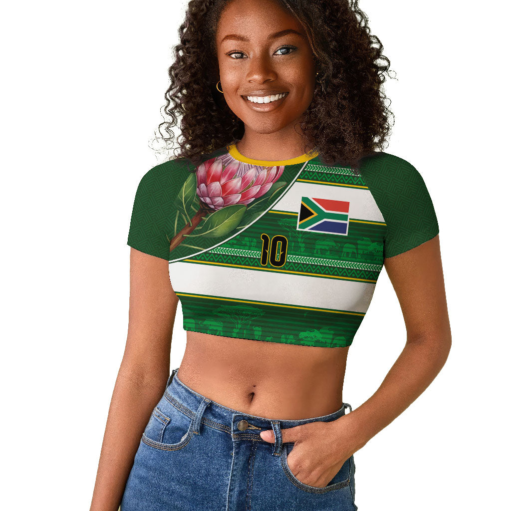 Custom South Africa Football Raglan Cropped T shirt King Protea with African Heritage Stripes Style