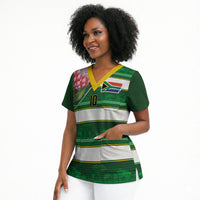 Custom South Africa Football Scrub Top King Protea with African Heritage Stripes Style