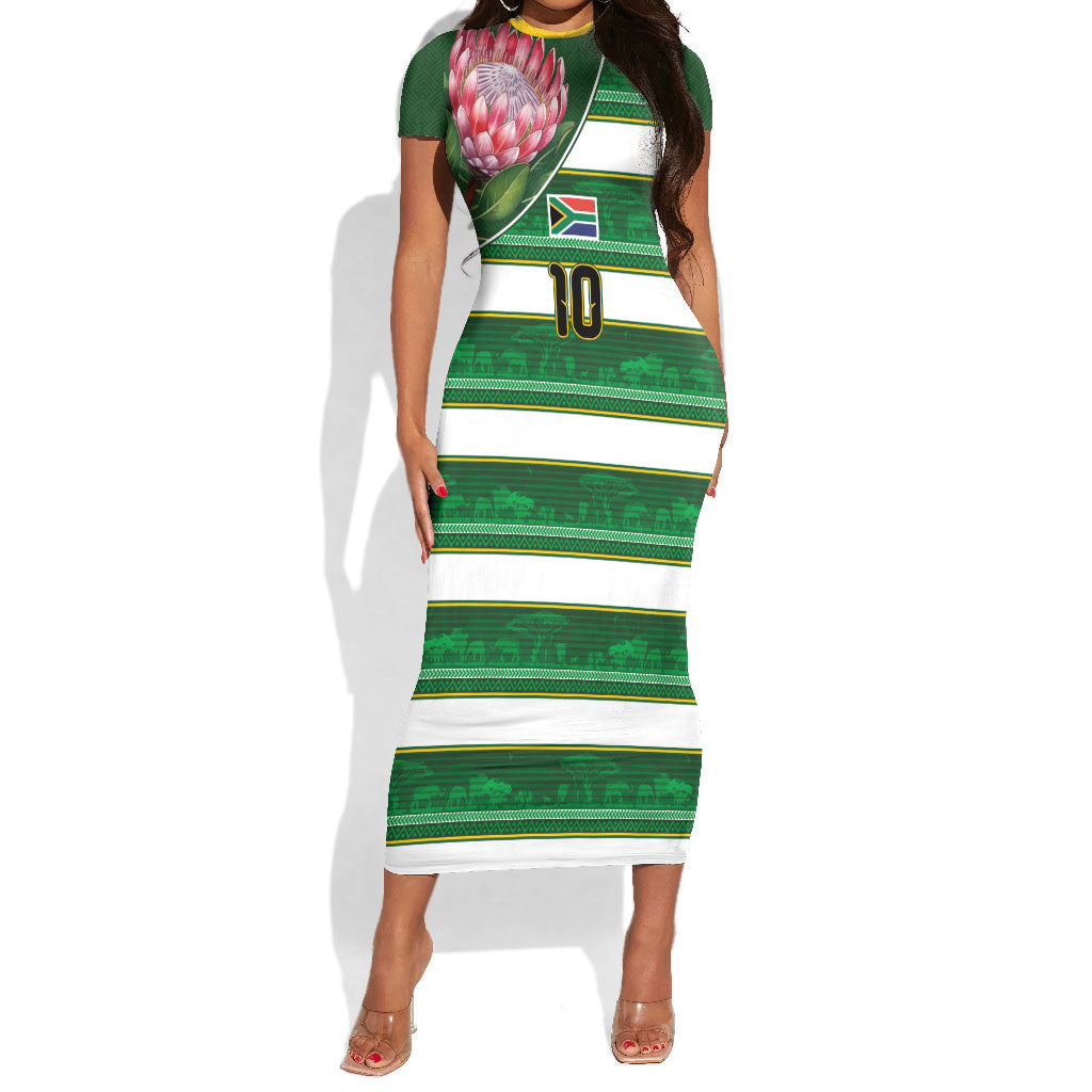 Custom South Africa Football Short Sleeve Bodycon Dress King Protea with African Heritage Stripes Style