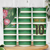 Custom South Africa Football Skinny Tumbler King Protea with African Heritage Stripes Style