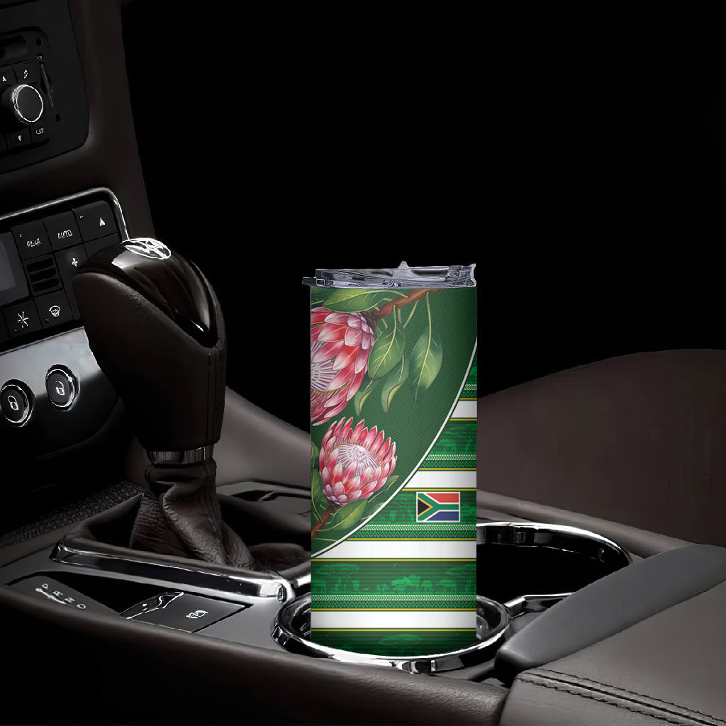 Custom South Africa Football Skinny Tumbler King Protea with African Heritage Stripes Style