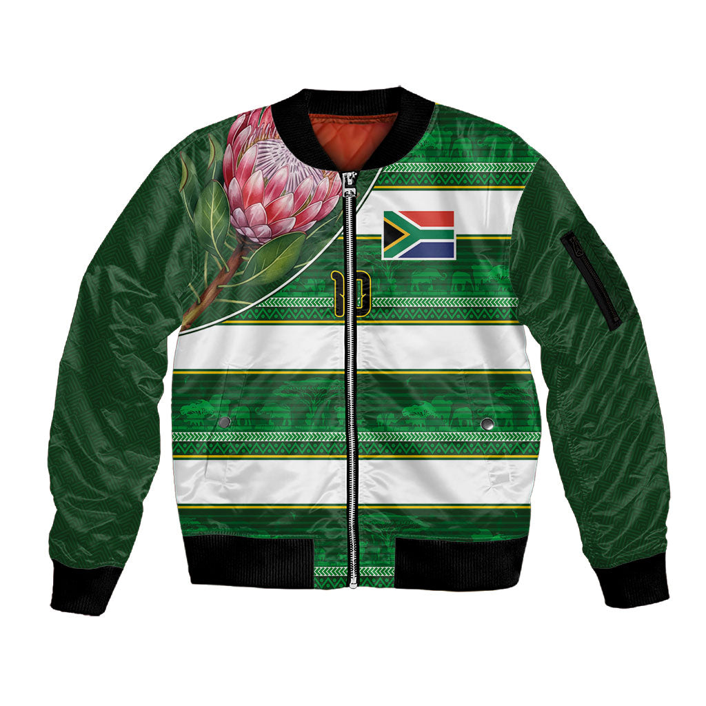 Custom South Africa Football Sleeve Zip Bomber Jacket King Protea with African Heritage Stripes Style