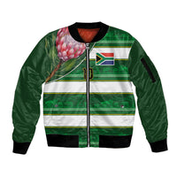 Custom South Africa Football Sleeve Zip Bomber Jacket King Protea with African Heritage Stripes Style