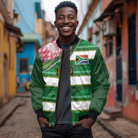 Custom South Africa Football Sleeve Zip Bomber Jacket King Protea with African Heritage Stripes Style