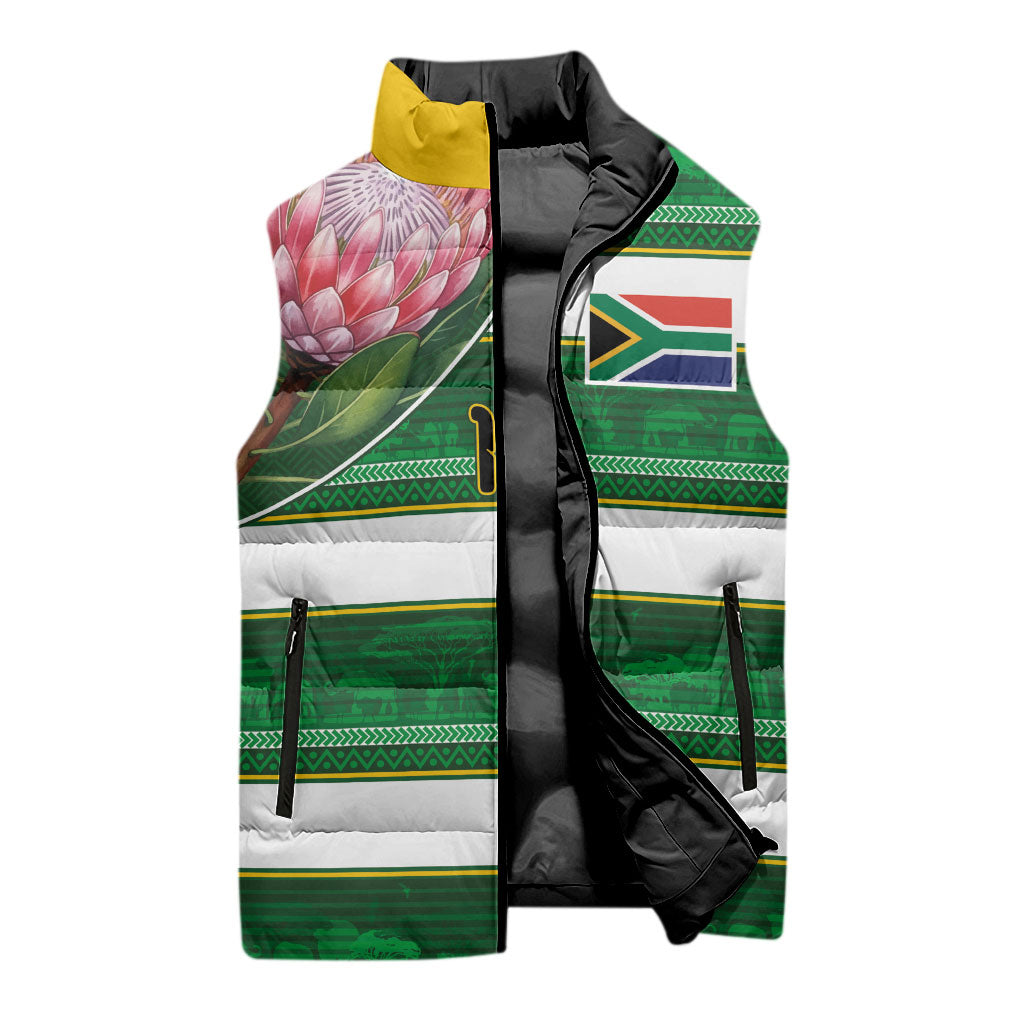 Custom South Africa Football Sleeveless Puffer Jacket King Protea with African Heritage Stripes Style