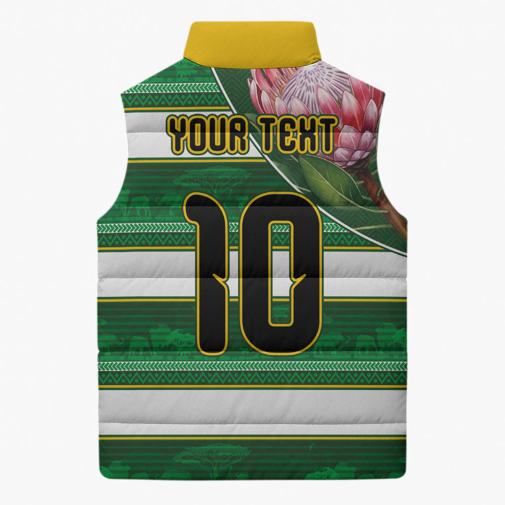 Custom South Africa Football Sleeveless Puffer Jacket King Protea with African Heritage Stripes Style