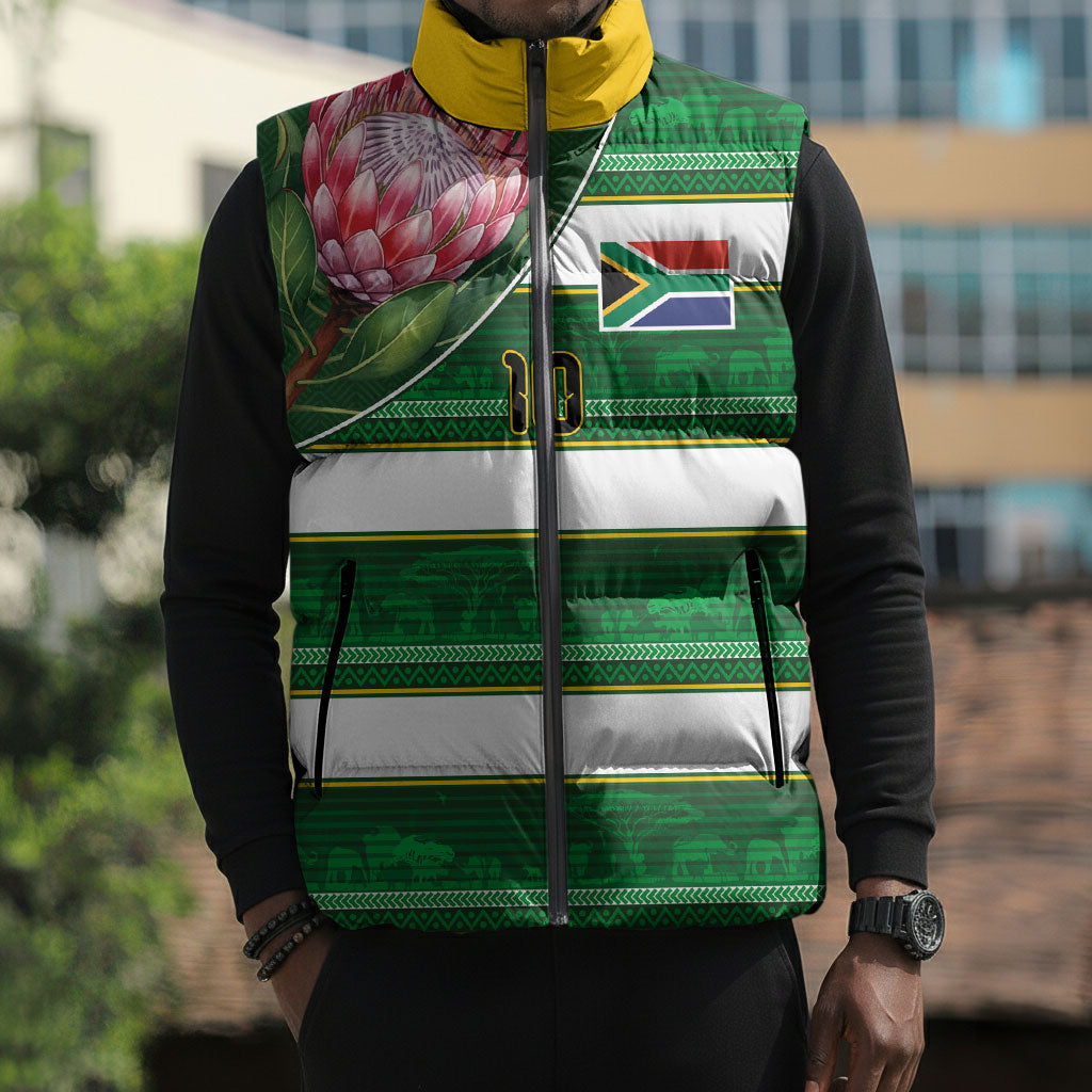 Custom South Africa Football Sleeveless Puffer Jacket King Protea with African Heritage Stripes Style