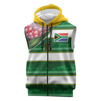 Custom South Africa Football Sleeveless Zip Hoodie King Protea with African Heritage Stripes Style