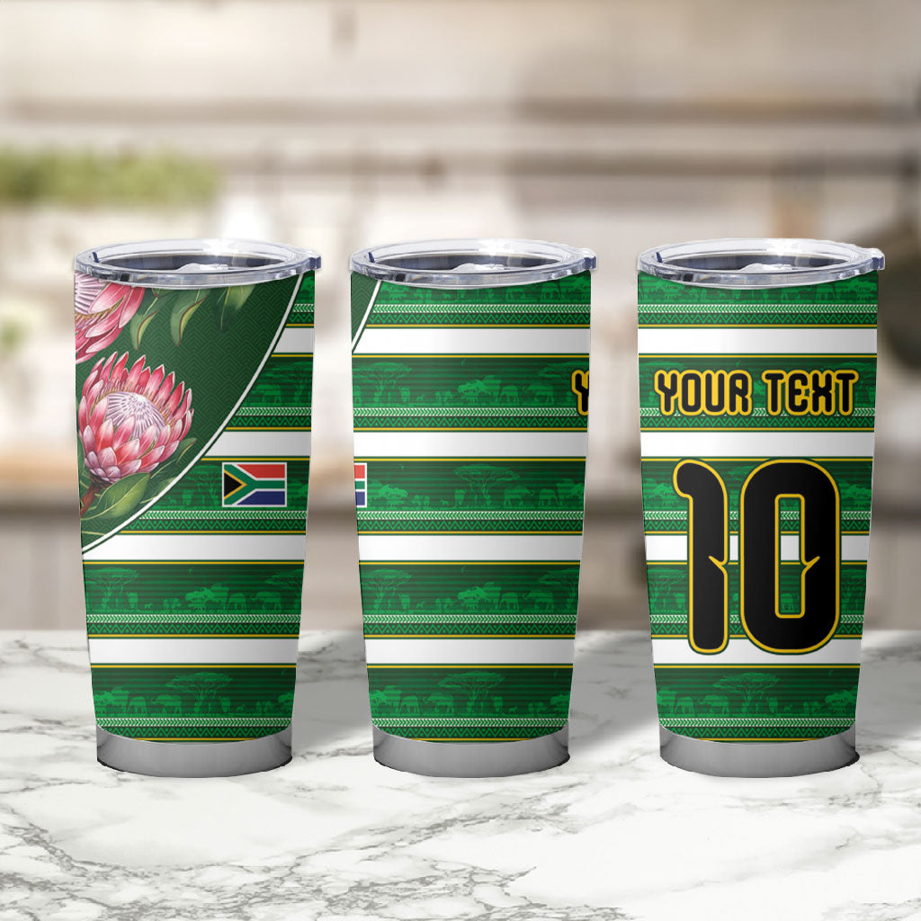 Custom South Africa Football Tumbler Cup King Protea with African Heritage Stripes Style