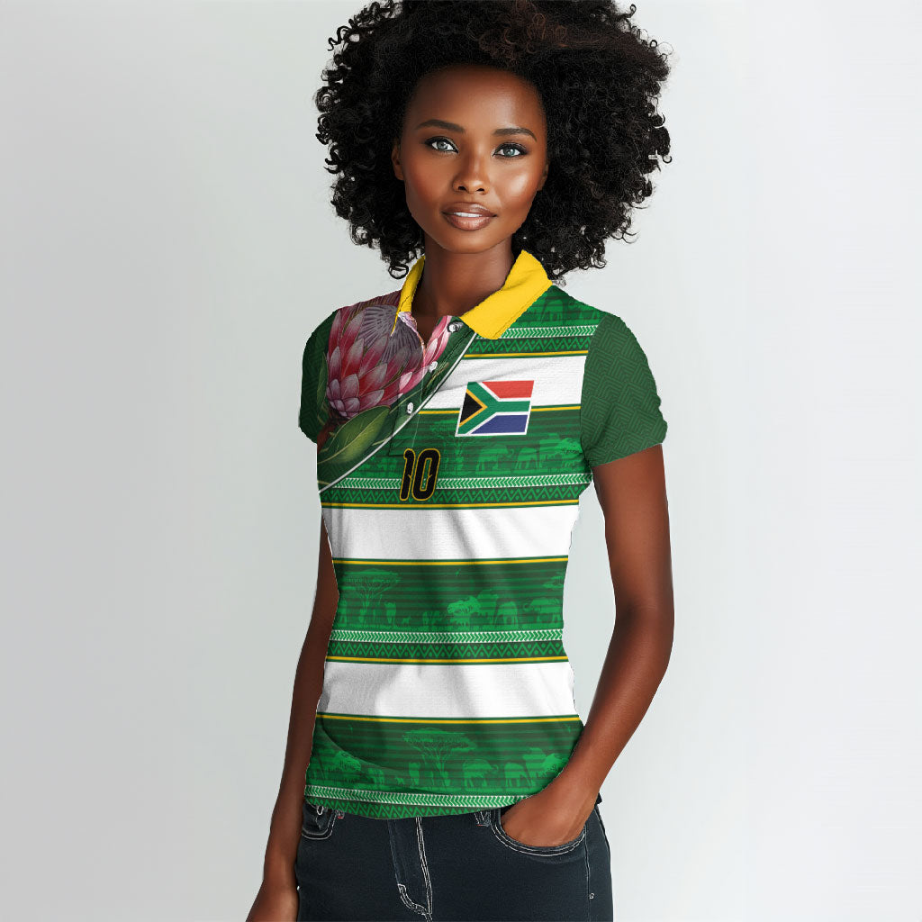 Custom South Africa Football Women Polo Shirt King Protea with African Heritage Stripes Style