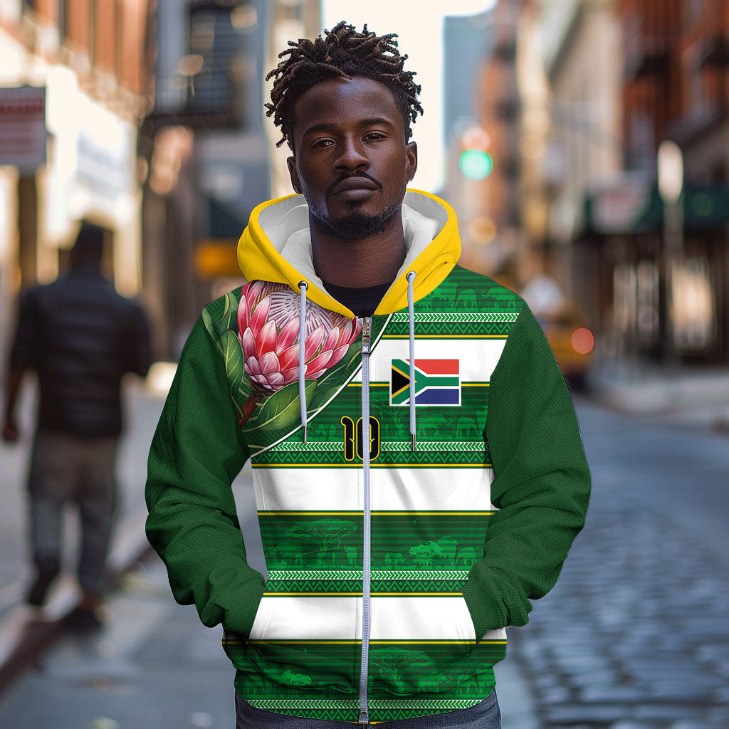 Custom South Africa Football Zip Hoodie King Protea with African Heritage Stripes Style