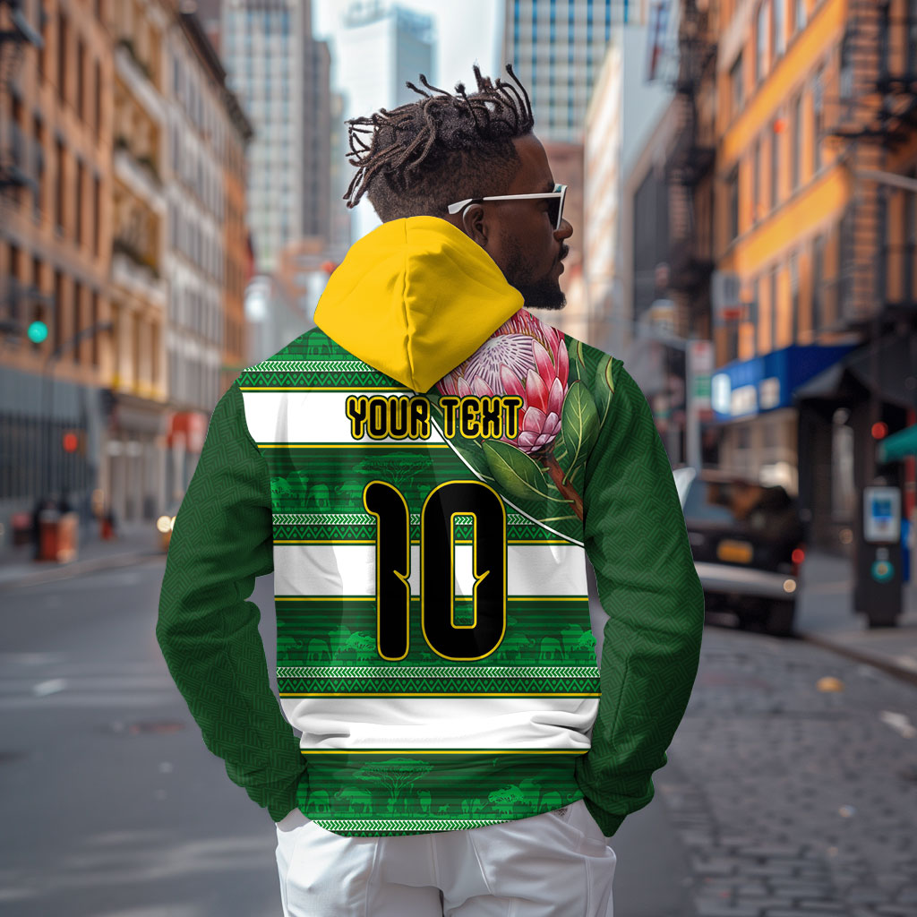 Custom South Africa Football Zip Hoodie King Protea with African Heritage Stripes Style