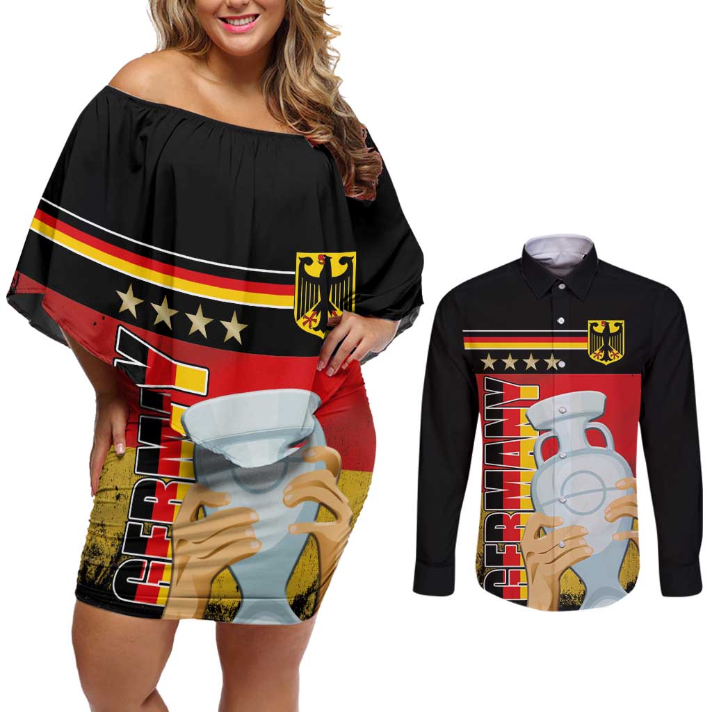 Custom Germany Football Road to the 4th European Championship Couples Matching Off Shoulder Short Dress and Long Sleeve Button Shirt Black Color - Wonder Print Shop