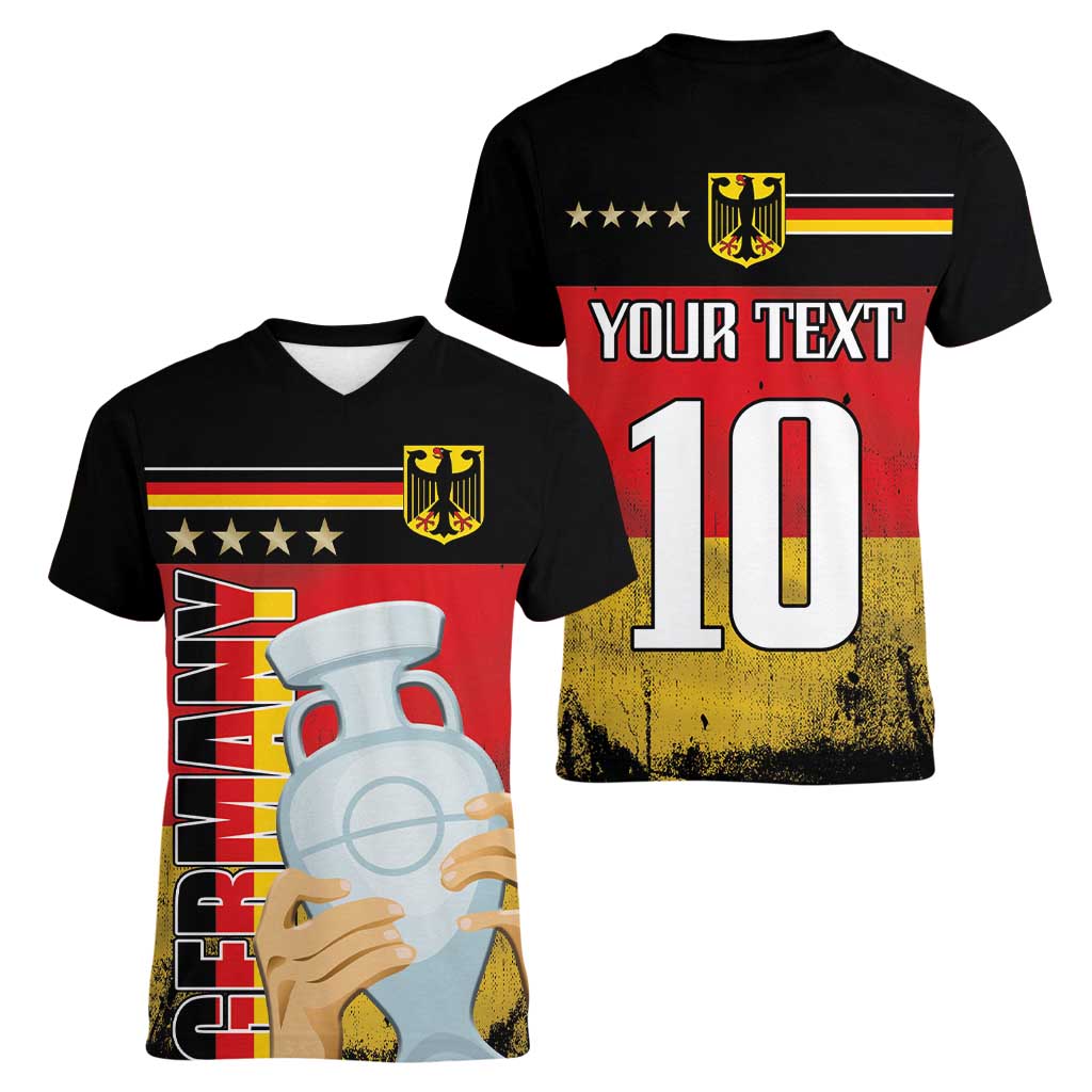 Custom Germany Football Road to the 4th European Championship Women V-Neck T-Shirt Black Color - Wonder Print Shop