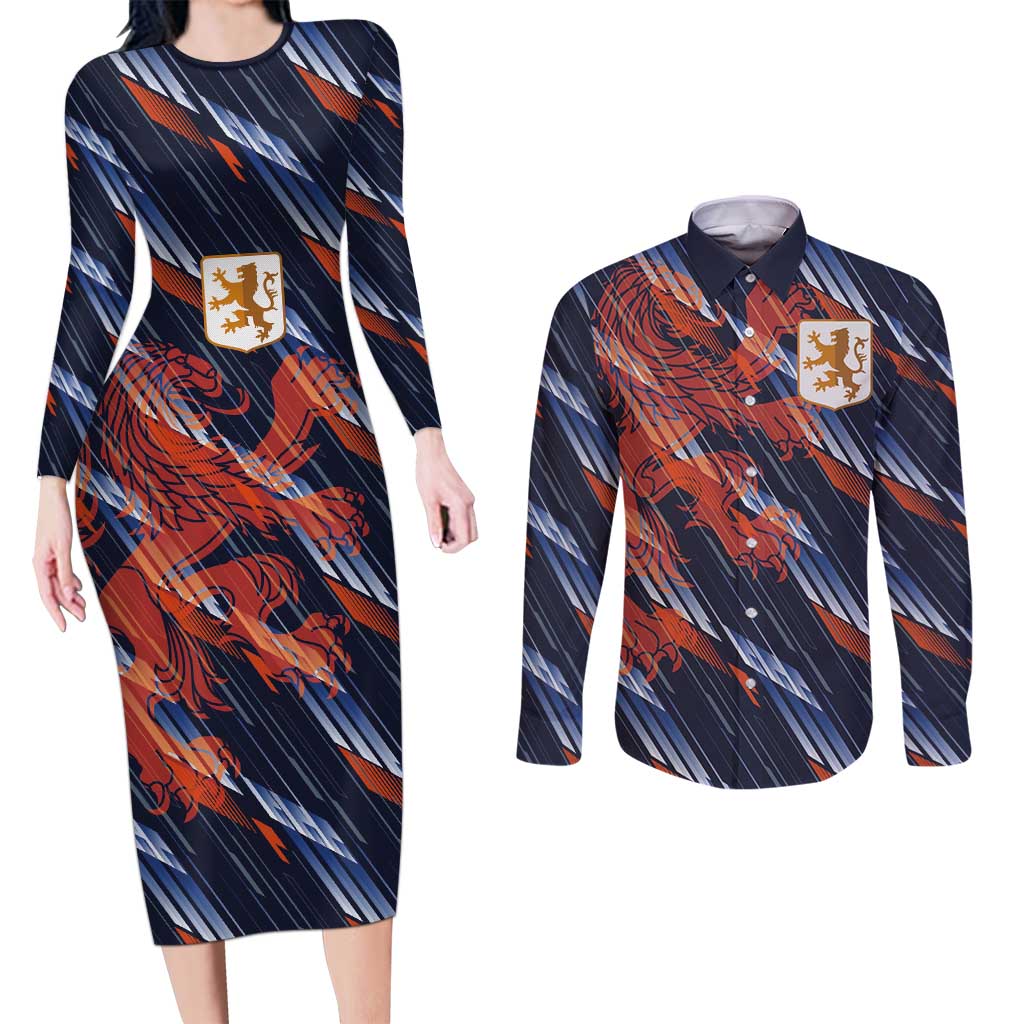 Custom Netherlands Lion Football Couples Matching Long Sleeve Bodycon Dress and Long Sleeve Button Shirt Sporty Style - Wonder Print Shop