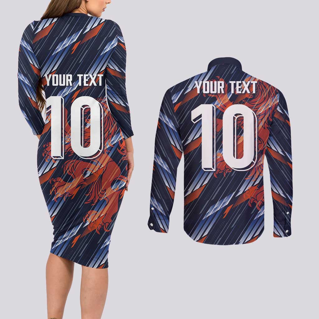 Custom Netherlands Lion Football Couples Matching Long Sleeve Bodycon Dress and Long Sleeve Button Shirt Sporty Style - Wonder Print Shop