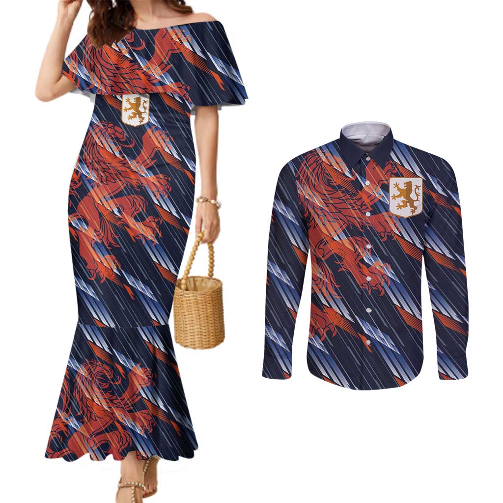 Custom Netherlands Lion Football Couples Matching Mermaid Dress and Long Sleeve Button Shirt Sporty Style - Wonder Print Shop