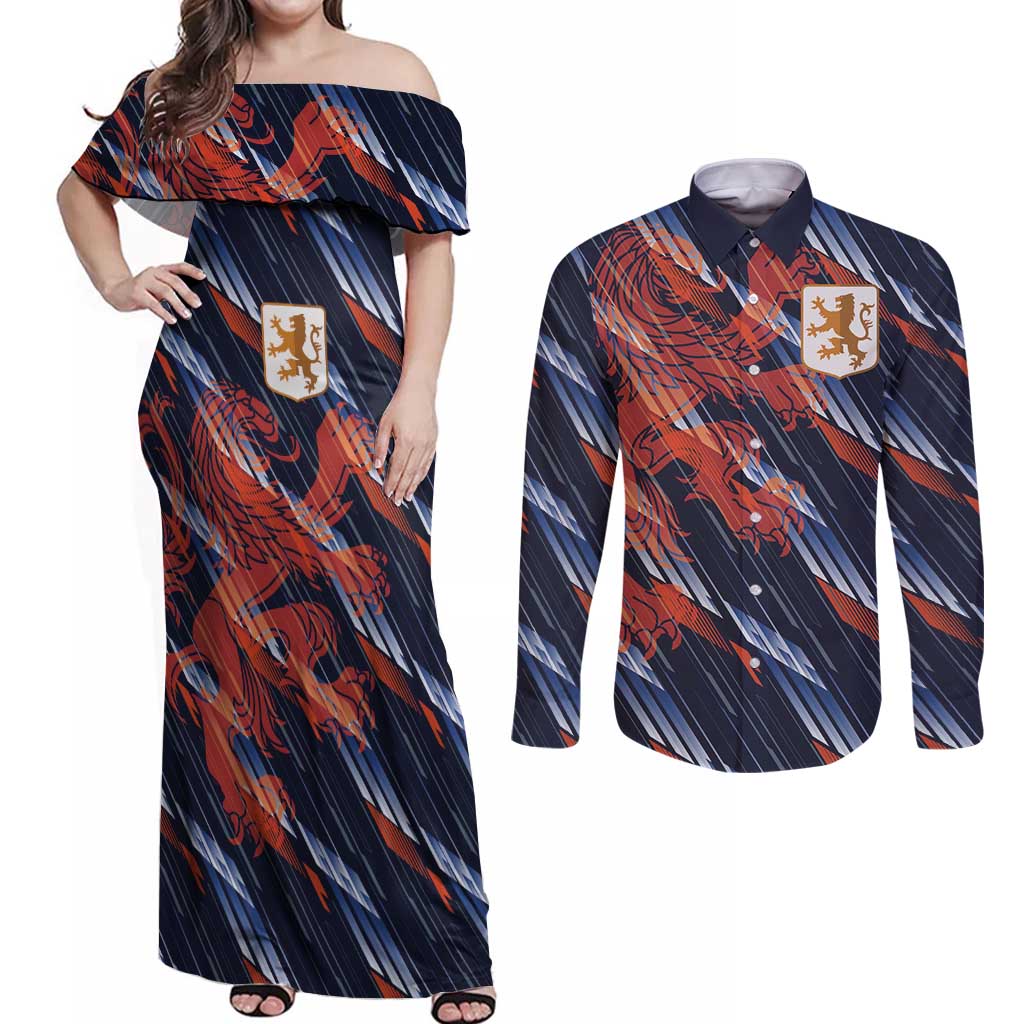 Custom Netherlands Lion Football Couples Matching Off Shoulder Maxi Dress and Long Sleeve Button Shirt Sporty Style - Wonder Print Shop