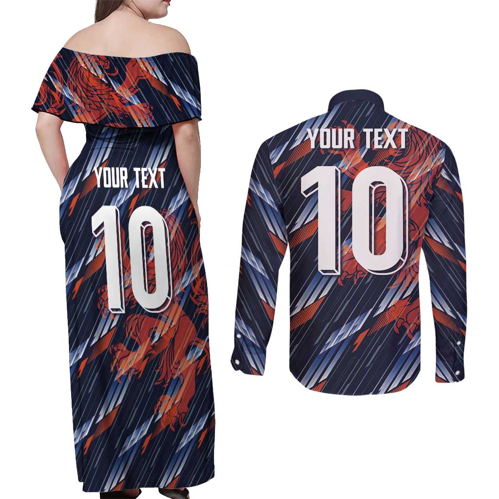 Custom Netherlands Lion Football Couples Matching Off Shoulder Maxi Dress and Long Sleeve Button Shirt Sporty Style - Wonder Print Shop