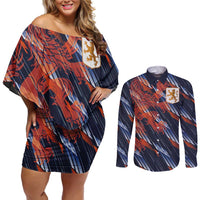 Custom Netherlands Lion Football Couples Matching Off Shoulder Short Dress and Long Sleeve Button Shirt Sporty Style - Wonder Print Shop
