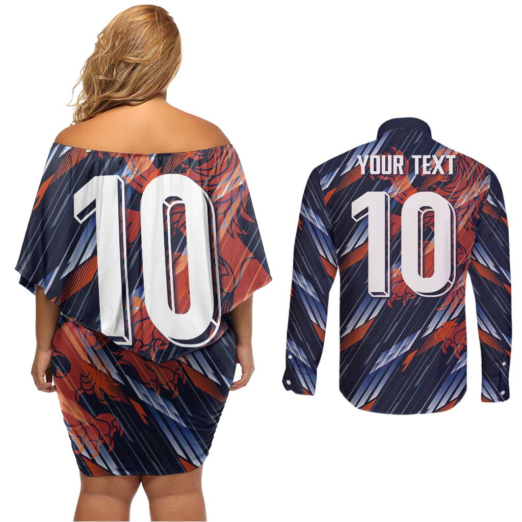 Custom Netherlands Lion Football Couples Matching Off Shoulder Short Dress and Long Sleeve Button Shirt Sporty Style - Wonder Print Shop