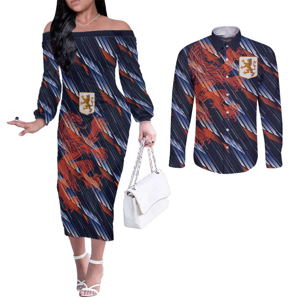 Custom Netherlands Lion Football Couples Matching Off The Shoulder Long Sleeve Dress and Long Sleeve Button Shirt Sporty Style - Wonder Print Shop