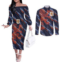 Custom Netherlands Lion Football Couples Matching Off The Shoulder Long Sleeve Dress and Long Sleeve Button Shirt Sporty Style - Wonder Print Shop
