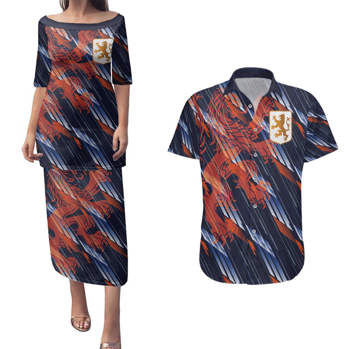 Custom Netherlands Lion Football Couples Matching Puletasi and Hawaiian Shirt Sporty Style - Wonder Print Shop