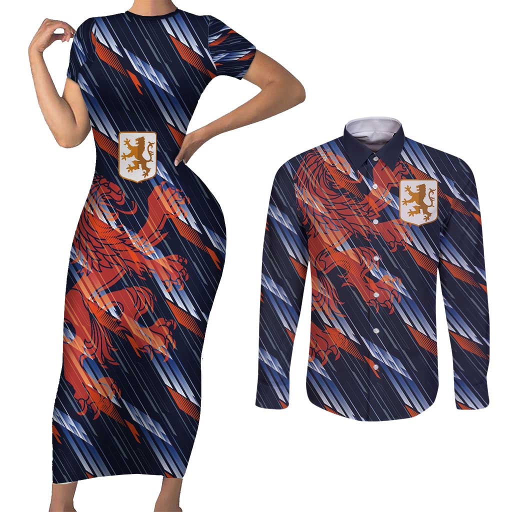 Custom Netherlands Lion Football Couples Matching Short Sleeve Bodycon Dress and Long Sleeve Button Shirt Sporty Style - Wonder Print Shop