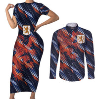 Custom Netherlands Lion Football Couples Matching Short Sleeve Bodycon Dress and Long Sleeve Button Shirt Sporty Style - Wonder Print Shop